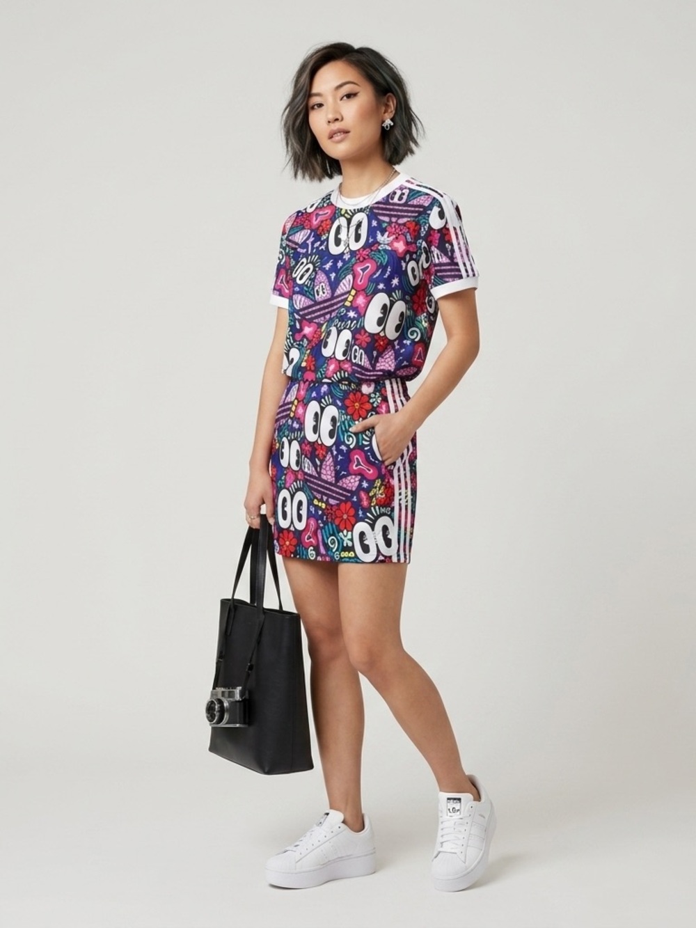 NWOT Adidas 3 Stripes Doodlebomb SST Tee & Mini Skirt set DV2656 XS